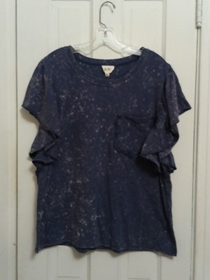 BiBi Tie Dye T-Shirt Blue Ruffle Short Sleeve Shirt 100% Cotton Top E3