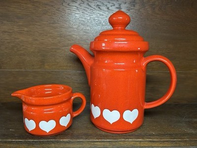 Wächtersbacher Kaffekanne und Milchkännchen Rot Mit Herz Keramik 70er Vintage