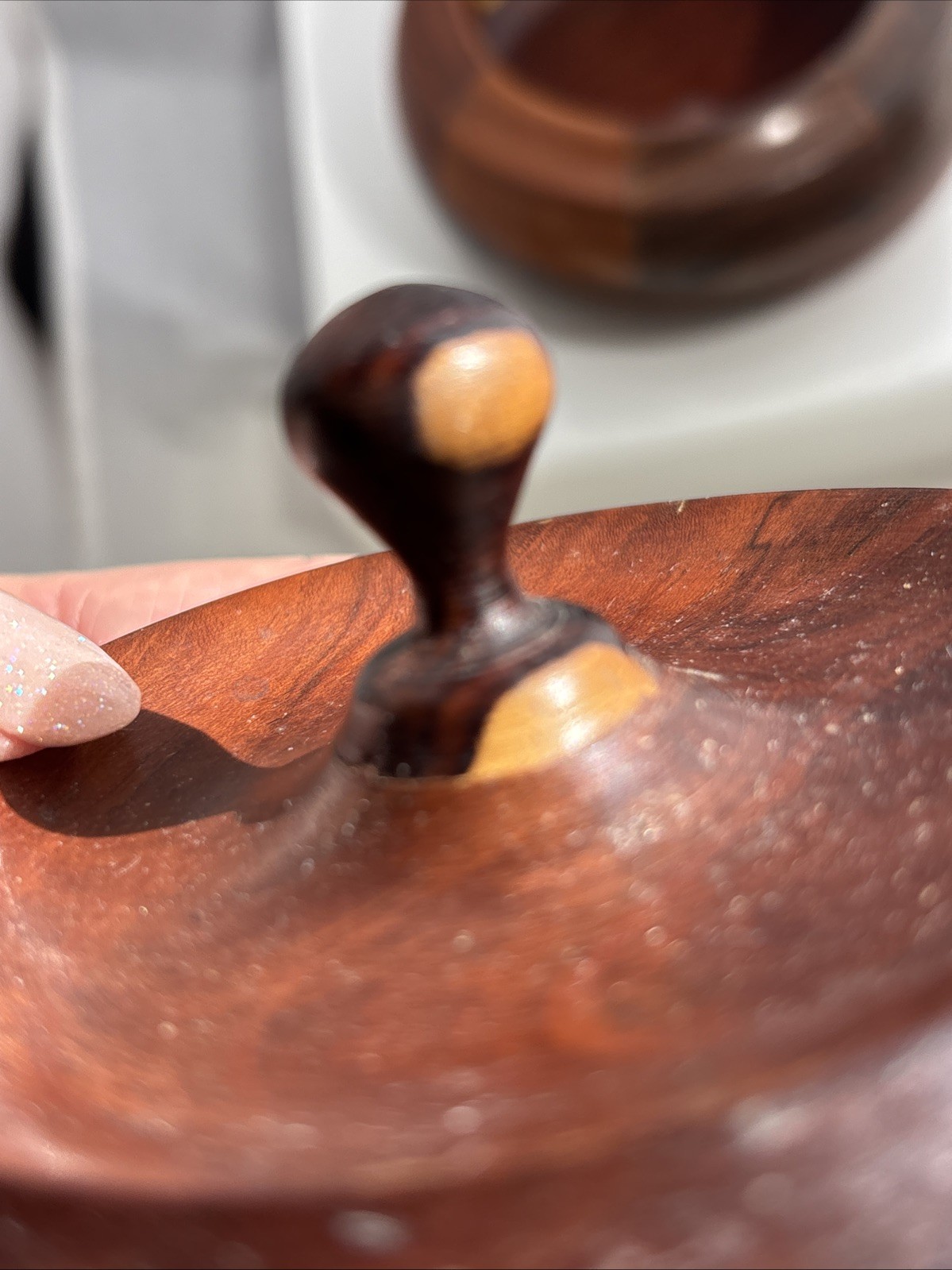 Vintage Hand Turned Lidded Wood Trinket Box Craft Marquetry 6”