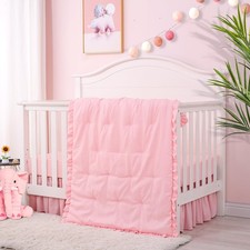 Cloele 3 Pieces Crib Bedding Set for Girls- Solid Ruffle Quilted Includes Comfor