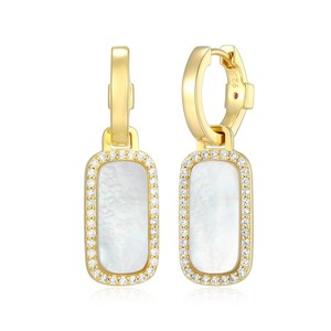 Authentic Gold-Plated 925 Silver Rectangular Mother of Pearl &CZ Halo Huggie Earrings ELLE