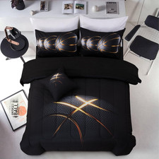6Pcs Bed in a Bag Twin Sports Comforter Set,3D Phnom Penh Black Basketball Print