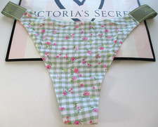 VICTORIA'S SECRET PINK Cotton High Leg Thong Panty S M Green Gingham NWT Logo VS