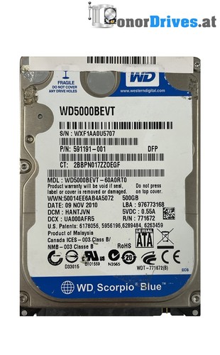 Western Digital WD5000BEVT-60A0RT0 - 500 GB - SATA - 2060-771672-004 Rev. A*