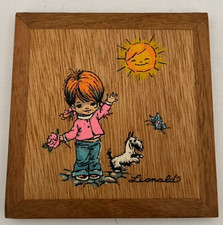 Vintage Sun and Puppy Leonard Hand Painted Wood Decor - Pre-Owned