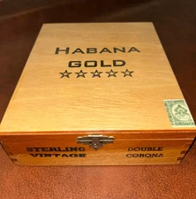 Cigar Box Habana Gold Wood Hinged Latched Lid Black Label Double Corona