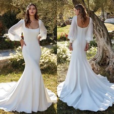 Beach Mermaid Wedding Dresses Scoop Neck Long Sleeves Satin Train Bridal Gowns