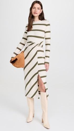 NWT $385 Tanya Taylor Cody Midi Dress in Cream/Fern Wide Stripe L