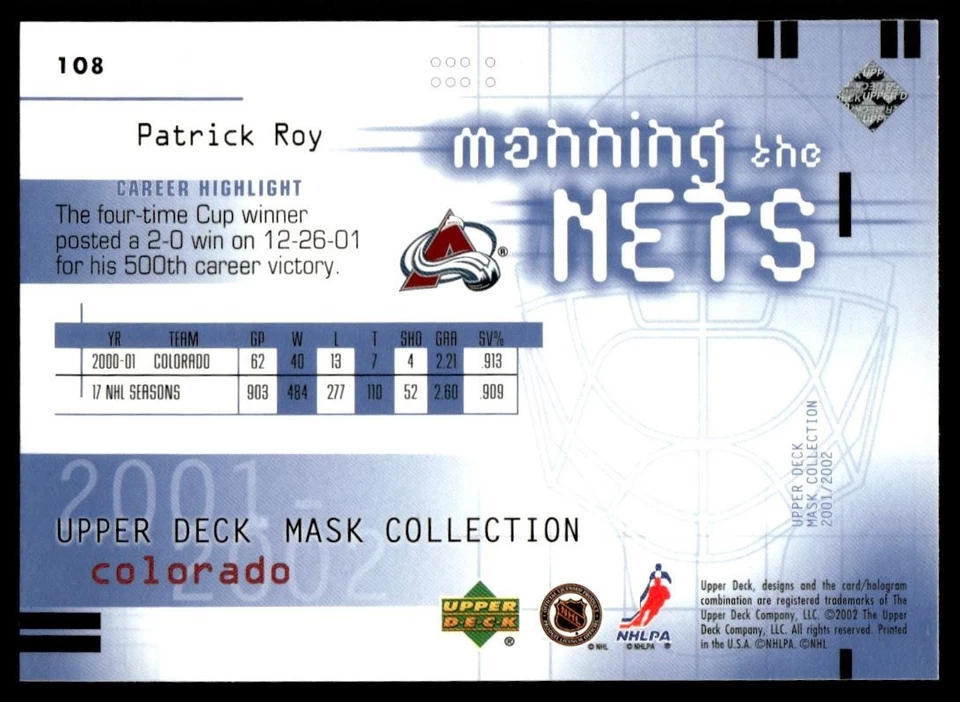 2001-02 Upper Deck Mask Collection Patrick Roy Colorado Avalanche #108 - Image 2 of 2