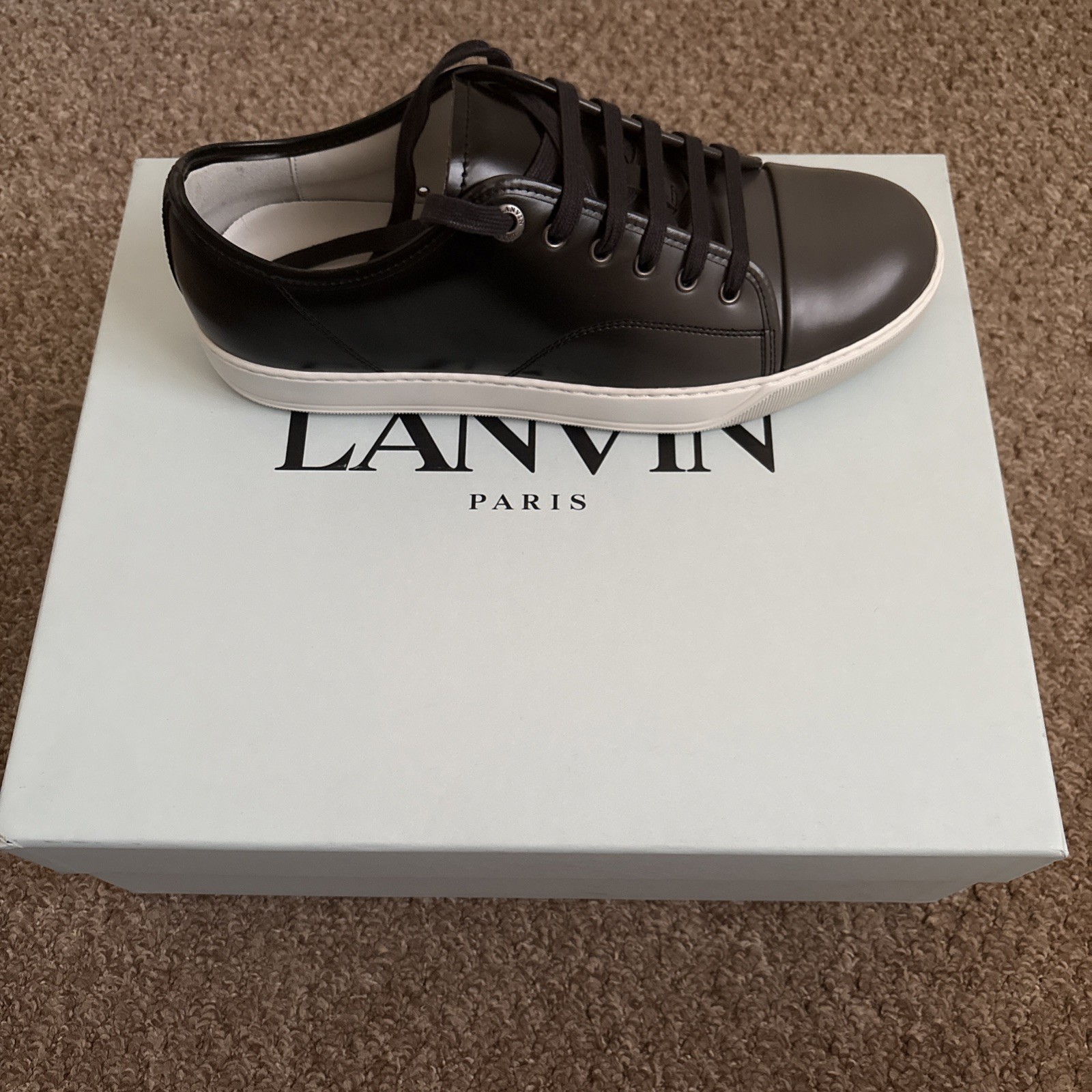 Authentic Lanvin DBB1 Size 8 Navy/Dark Grey Leather Trainers | New