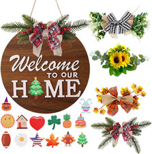 Interchangeable Welcome Sign for Front Door with 4 Seasonal Wreaths and 14 Chang