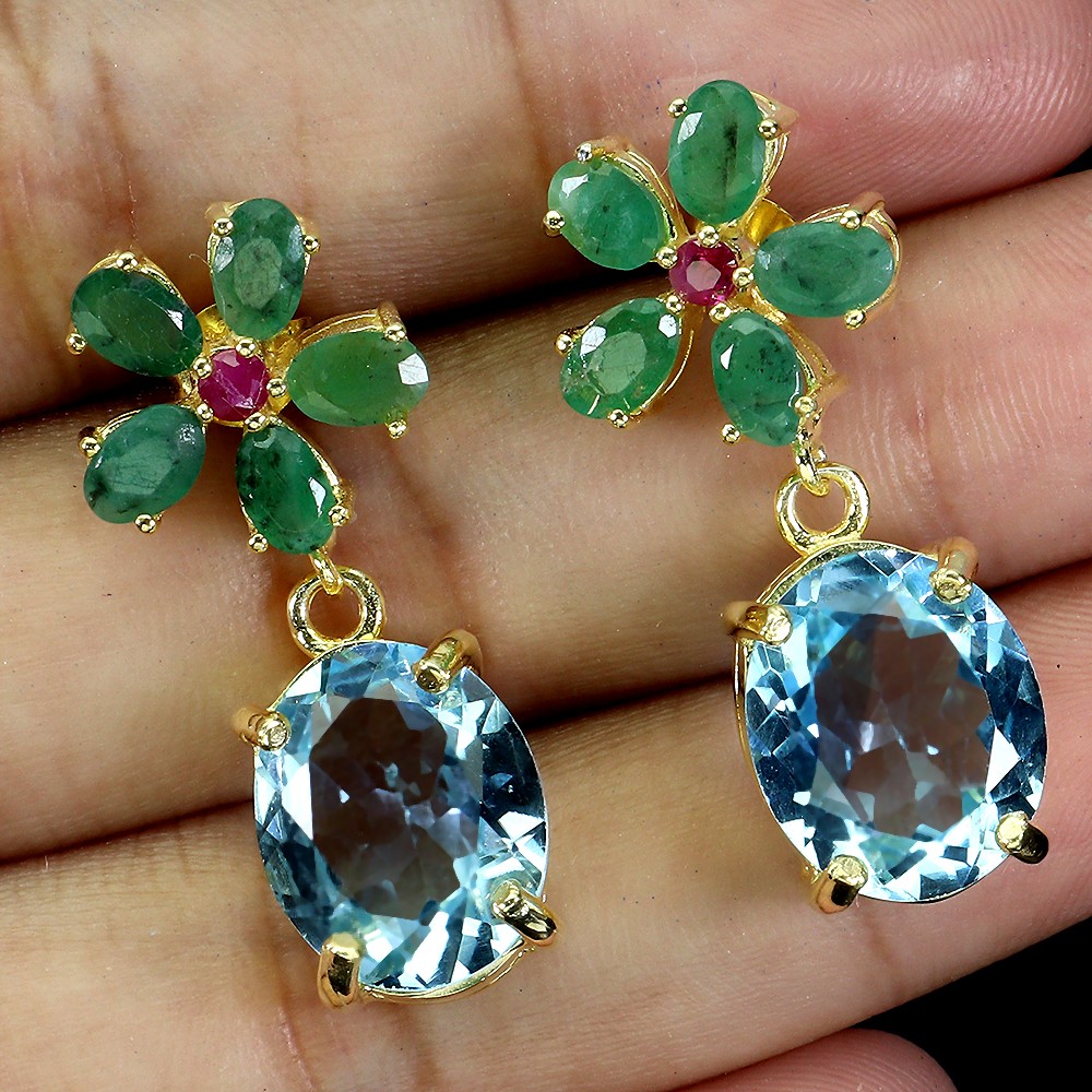 925 Sterling Silver Earrings Oval Sky Blue Topaz 12x10mm Ruby Gemstone Jewelry