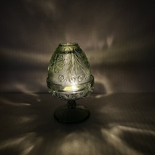 Indiana Glass Tiara Olive Green Fairy Lamp Vintage Pedestal Candle Holder
