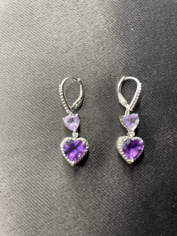 Sterling Silver 925 Amethyst Heart Lever Back Drop Earrings Maker Marked