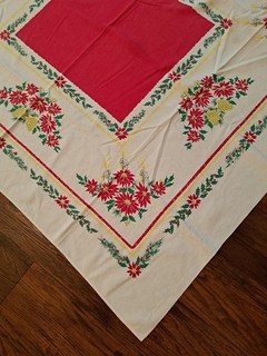 Vintage Christmas Tablecloth 52" X 45" Cotton Blend Candles Poinsettias Pine Con