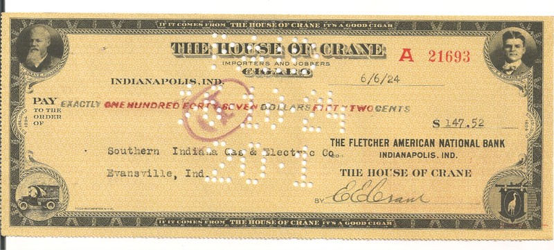 #A1417 House of Crane Cigars 1924 Indianapolis IN Southern Indiana Gas &Electric