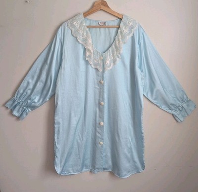 Vintage Baby Blue Satin Short Nightgown Lace Ruffle Collar M Romantic Victorian 