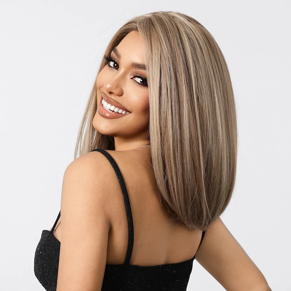 Straight Blonde Highlight Lace Side Part Medium Natural Synthetic Wig - Image 2 of 4