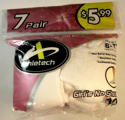 Athletec Girl's No Show White Socks, 7 Pairs, Shoe Size 6-11 