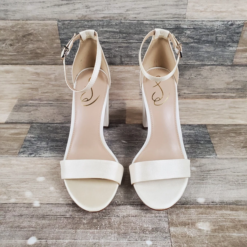 Sam Edelman Yaro Womens Sandal Sz 7.5 W Block Heel Pearl Ivory Satin Ankle Strap - Image 2 of 4