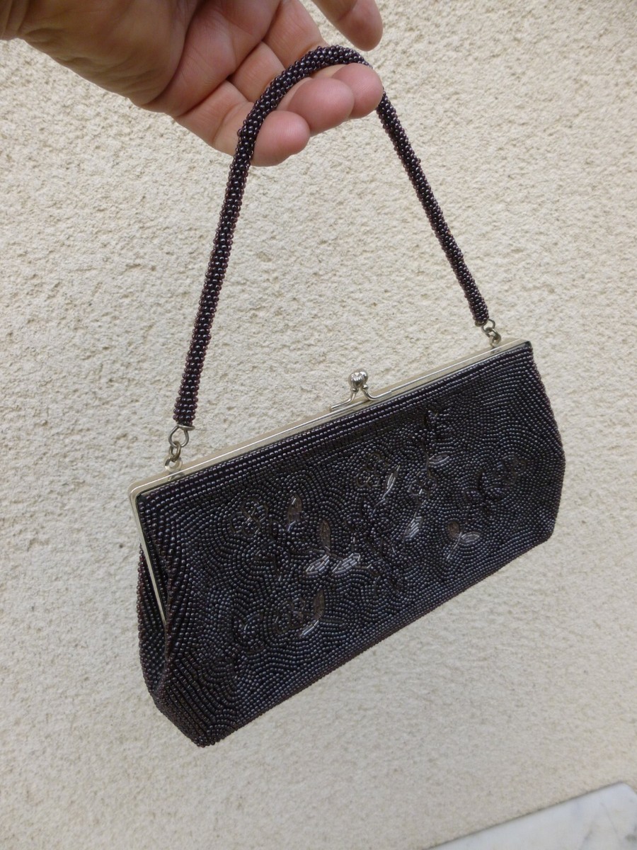 Sac à Main Perles Vintage Années 1960 - Noir, Bandoulière, Occasion Bon état, Fabriqué En France