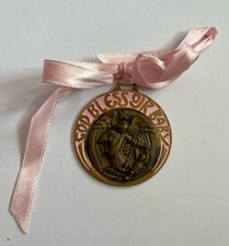 God Bless Our Baby Catholic Baptism Crib Medal Baby Girl Pink 2" Round