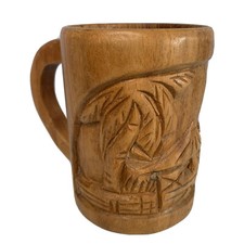 Hawaiian Tiki Mug Monkey Pod Hand Carved Wood Palm Tree Hut Volcano MCM