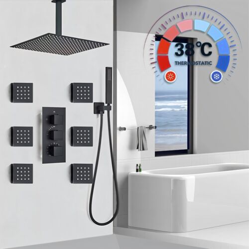 Black Thermostatic Shower Faucet Set Rainfall 8'' Shower Head Combo Mixing Valve