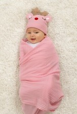 Pink Reindeer Baby Swaddle Blanket and Beanie Gift Set Christmas Baby Shower