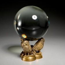 Large 7" Polished Crystal Ball On Brass Stand With Figural Owls & Monkeys 20th C
