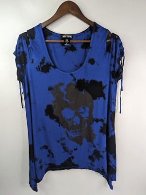 Hot Topic Skull Lace-Up Cold Shoulder Shark Bite Blue Tie-Dye Top Size 0 Grudge