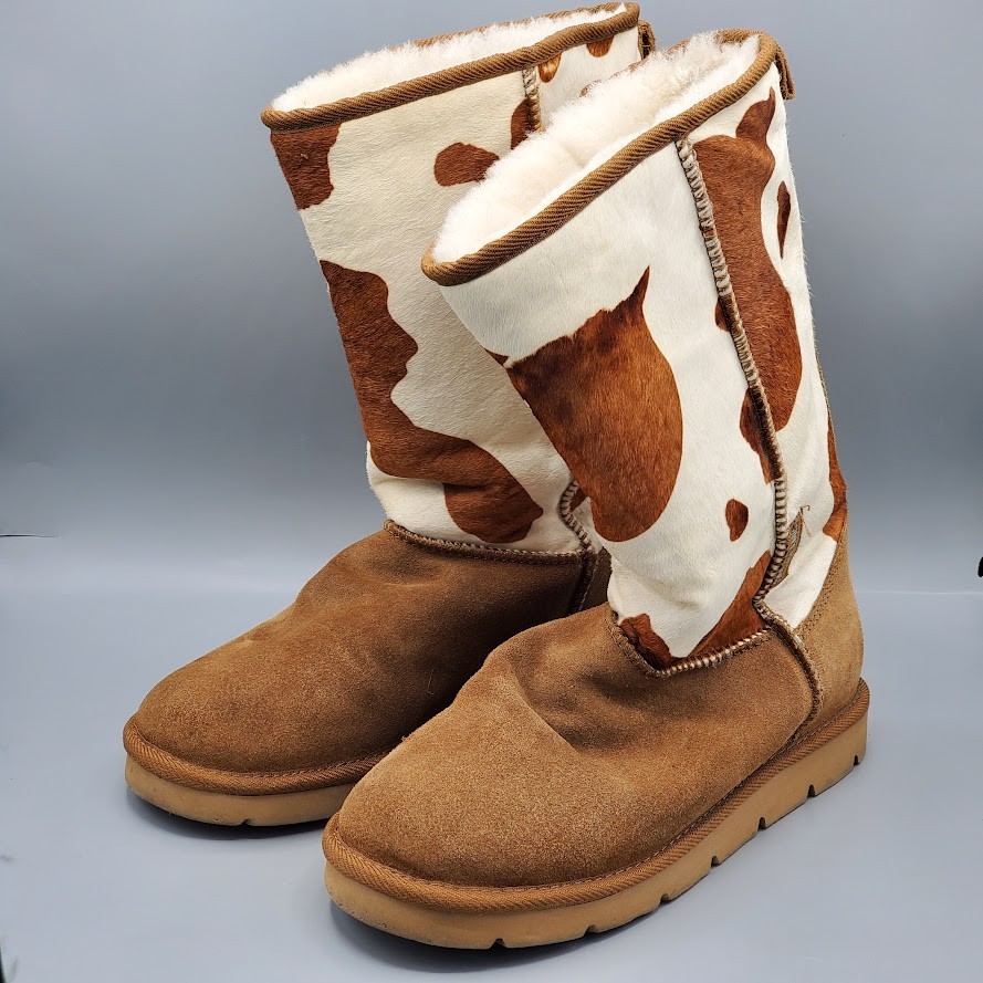 Superlamb Cow Print Sheepskin Boots Women’s Size 8B Brown White Calf Hair