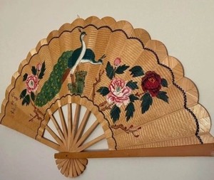 Chinese Bamboo & Wicker 47” Folding Woven Wall Fan Hand Painted
