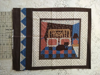 #ad Cat on a Bed Pillow Quilt Fabric Panel VIP Cranston 17x22 Blue Brown Calico $12.99