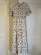 White Black Floral Smocked Midi Dress Ruffle Short Sleeve Round Neck Size S