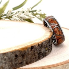 8mm Silver Tungsten Unisex Christmas Ring Polished Wood Grain Inlay Durable Band