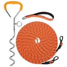 Dog Tie Out Stake and Long Dog Leash, Reflective Recall Training 15 FT Orange