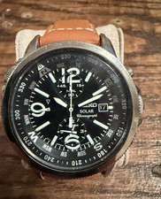 Seiko Solar Chronograph Men's Watch Black Dial Brown Leather Strap Date