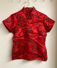 Girl  s Red Silk Satin Cheongsam/Qipao Floral Mandarin Collar Zip Blouse M