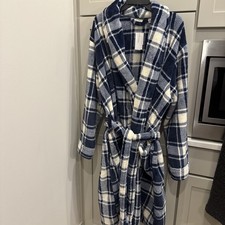 L.L. Bean Robe Mens Large Navy Plaid Fleece Belted Sleepwear Lounge NWT 120
