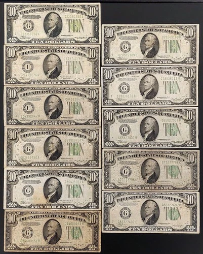 One lot of ELEVEN Series of 1934 $10 Federal Reserve Notes! Circulated condition
