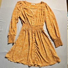 BB Dakota Steve Madden Tan Polka Dot Button Front Smocked Waist Mini Dress S