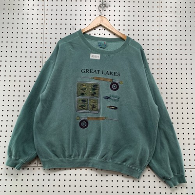 #ad Vintage Great Lakes Sweatshirt Mens Large Green Fly Fishing Rods Hunt Fleece $39.99