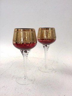 Vintage Pair Ruby Red Gold Floral Wine Goblets Twisted Glass Stems