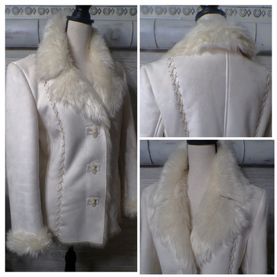Y2k Esprit Faux Suede Fur Jacket L Penny Lane Ivory Laces Huge Collar Vtg 90's
