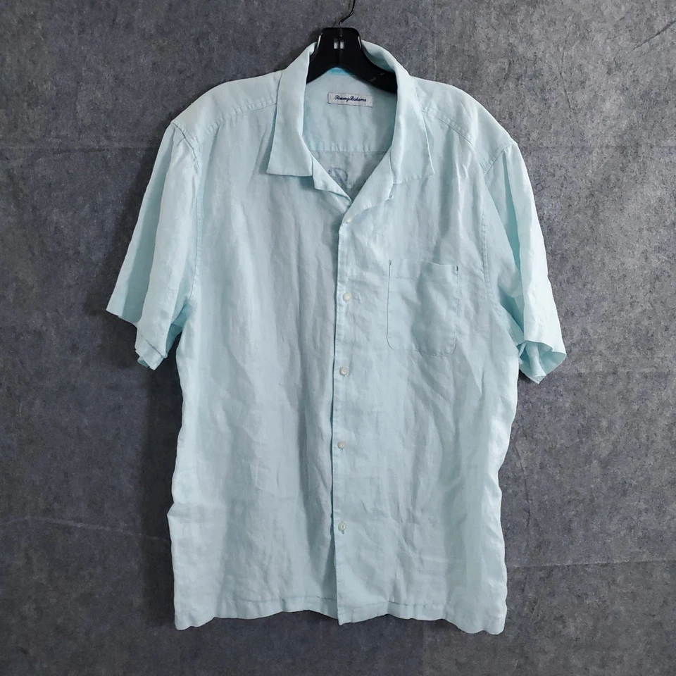 Tommy Bahama Linen Shirt Mens Large Toucan Sunset Embroidered Camp in Grace Sea - Image 2 of 4