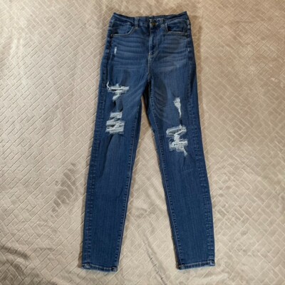 American Eagle Womens 6 Denim Jeans Blue Curvy Super Hi Rise Jegging Distressed