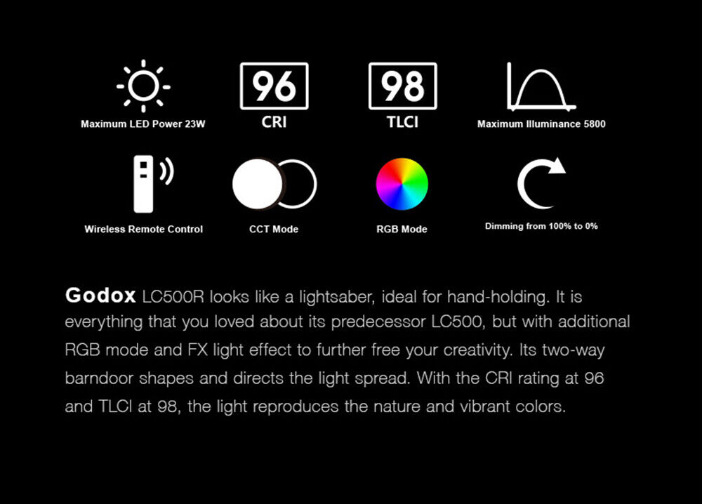 Godox LC500R RGB LED Light 2500K-8500K Portable Stick 360° Full Color