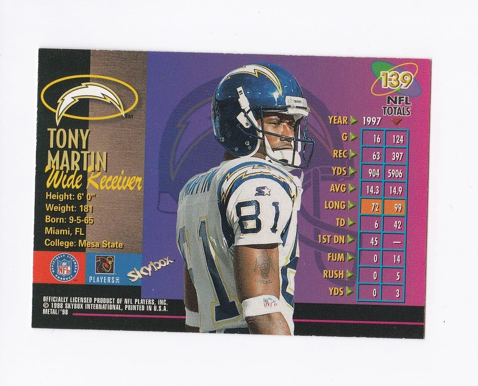 1998 Metal Universe #139 Tony Martin San Diego Chargers - Image 2 of 2