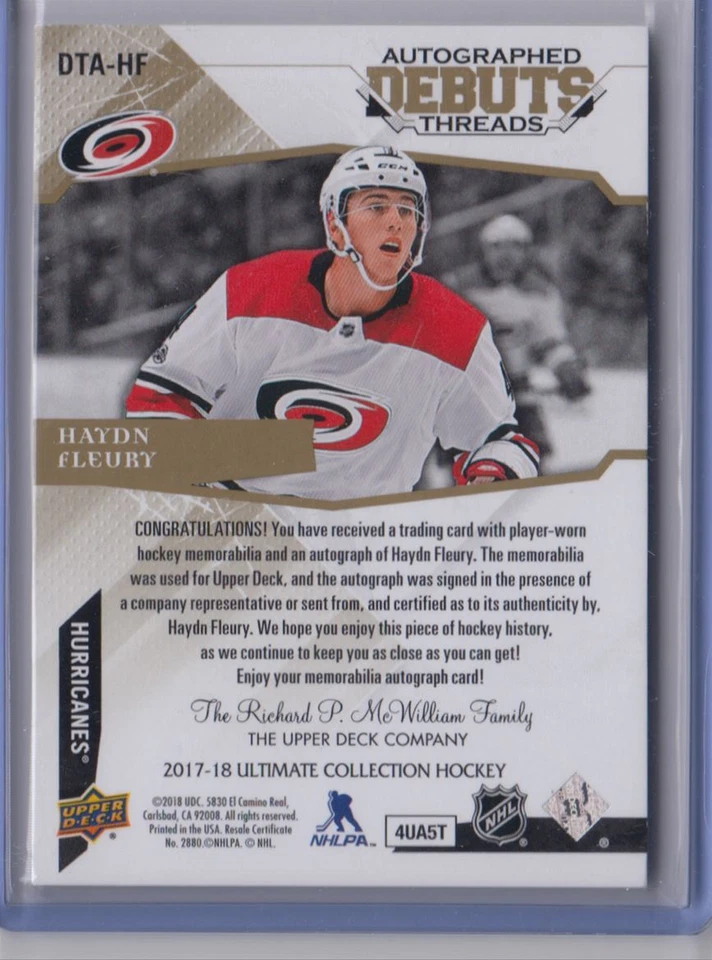 2017-18 Upper Deck Ultimate Collection Debut Threads Patch Auto Haydn Fleury RC - Image 2 of 2